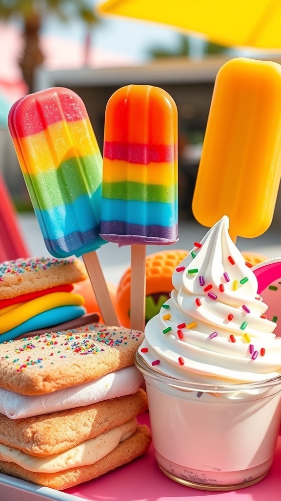 A variety of nostalgic ice cream truck treats including rainbow popsicles, ice cream sandwiches, and soft serve ice cream.
